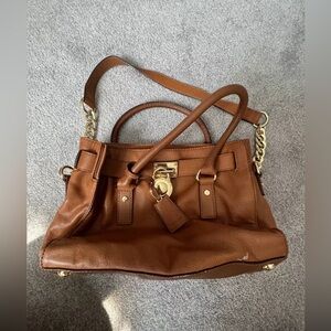 Michael Kors Hamilton Luggage Brown Leather Silver Lock Key Satchel Bag